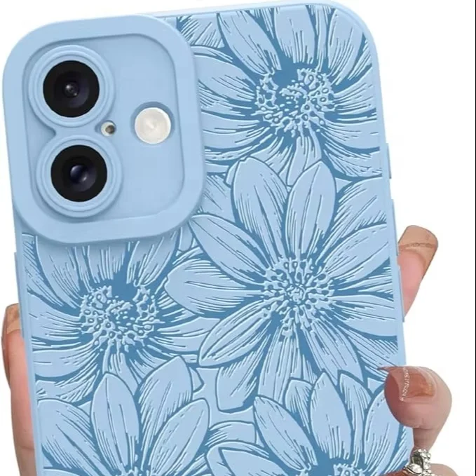 Laudtec Silicone Black Floral Flowers Case for iPhone 16 Sunflowers Cute Pattern Camera Protection Soft Slim Phone Case