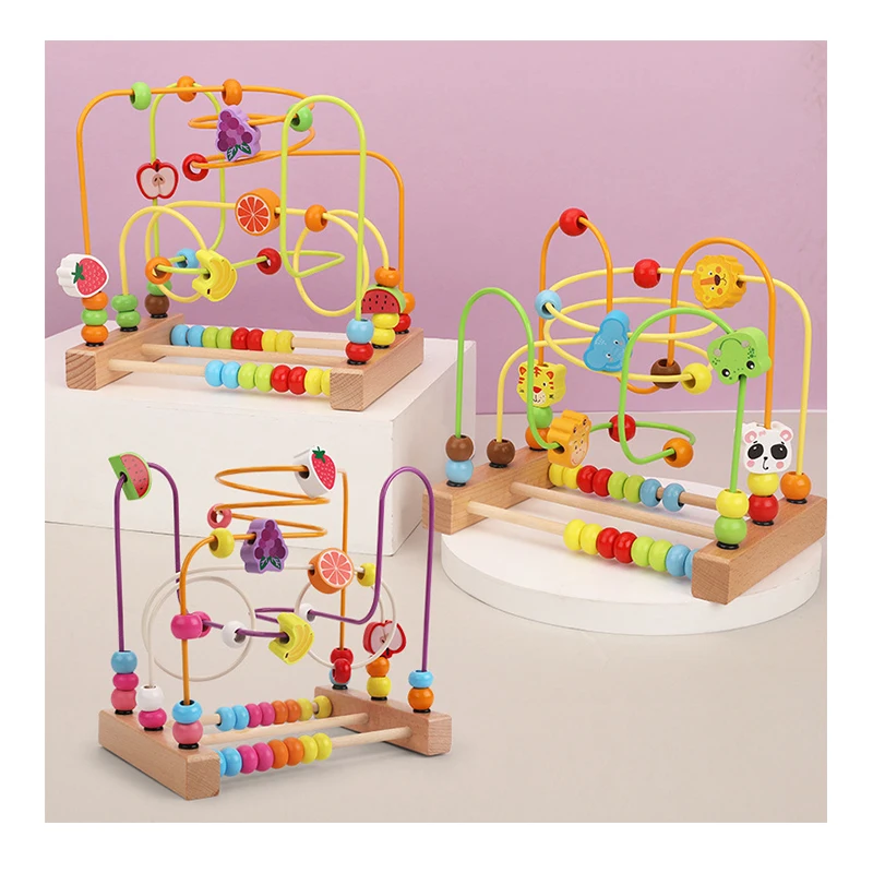 Wholesale baby wooden circle beads maze roller coaster maze activity early education beads Preschool math montessori toys