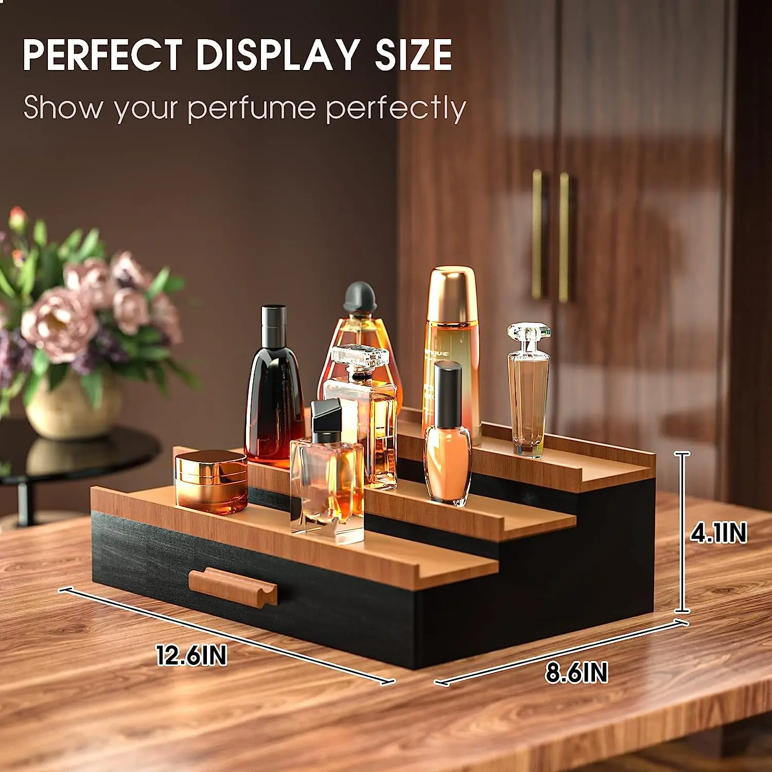 Custom Bamboo Elevated Display Shelf Racks Wooden Cologne Organizer For