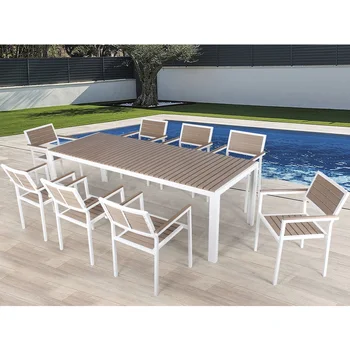 9 Pieces Restaurant Outdoor Furniture Plastic Wood Outdoor Patio Dining Table And Chair Set