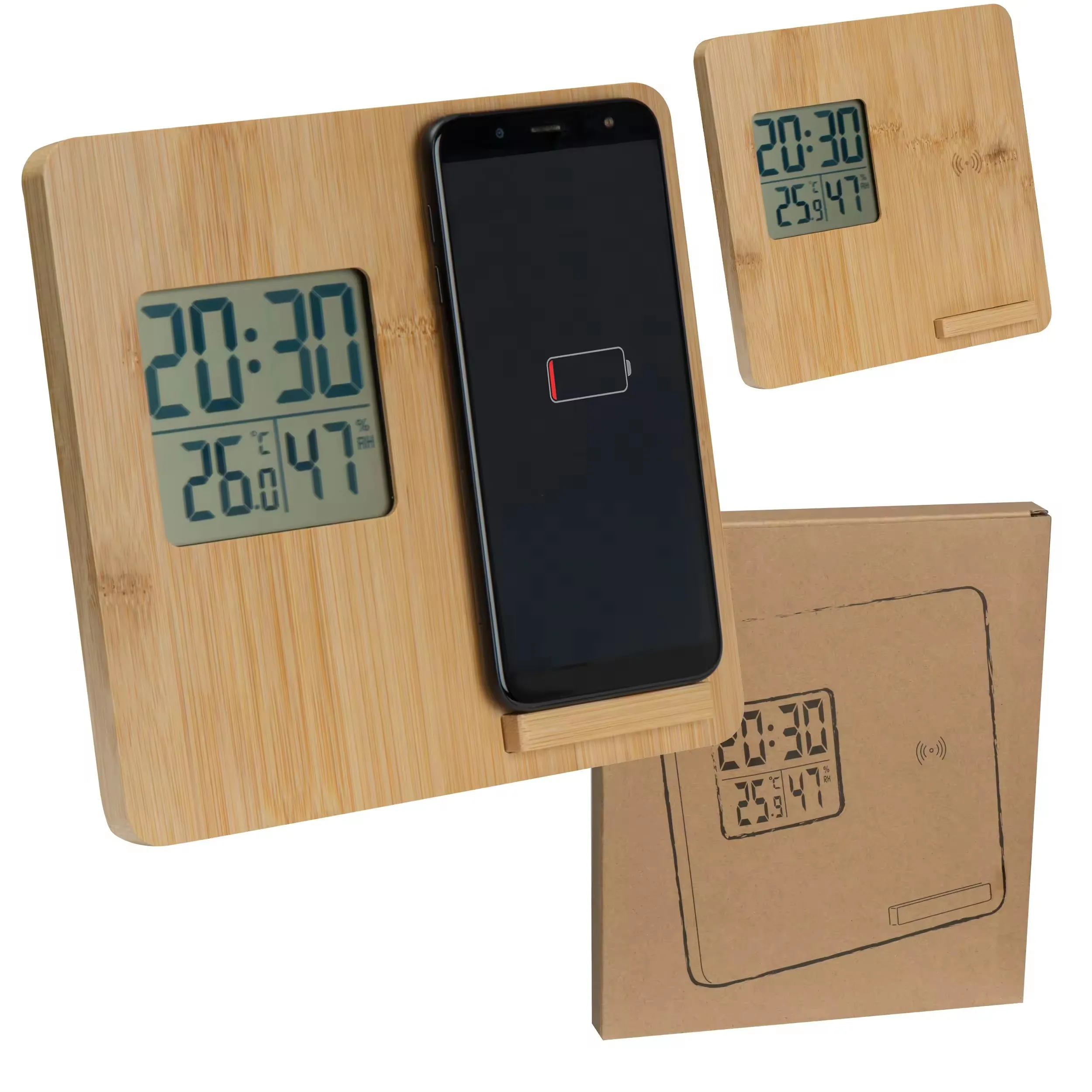 Eco Friendly Natural Bamboo Made 10W Wireless Charger Digital LCD Display Temperature and Humidity Table Clock