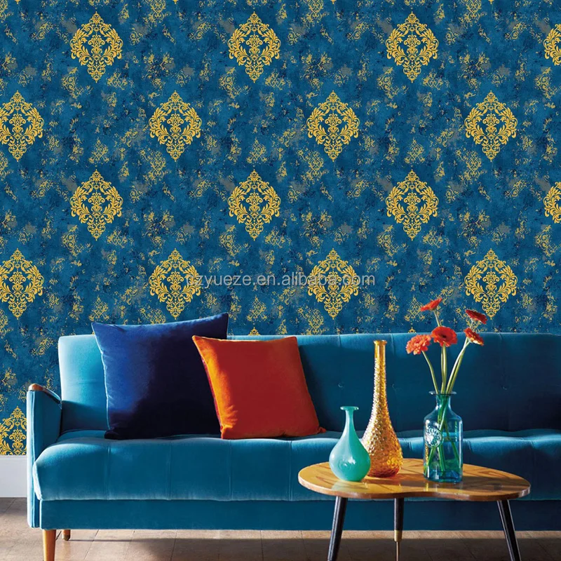 3D Dark Blue Damask Pattern Wallpaper for Living Room Hotel Restaurant Clothing Store Background Wall Wallpaper
