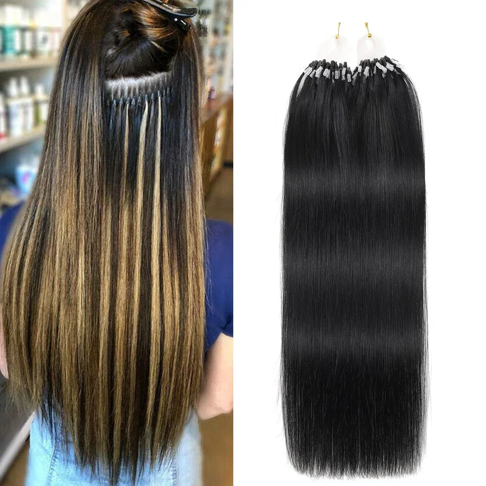Extension per capelli umani con micro loop lisci, linea di pesce, extension per capelli veri con micro link, brasiliane, naturali, di alta qualità_voghion.com