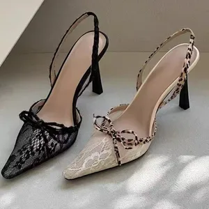 QuiteS Retro Lace Pointed Bow High Heels for Women 2026 Summer New Kitten Heels Leopard-Print Thin Heel Closed Toe Sandals