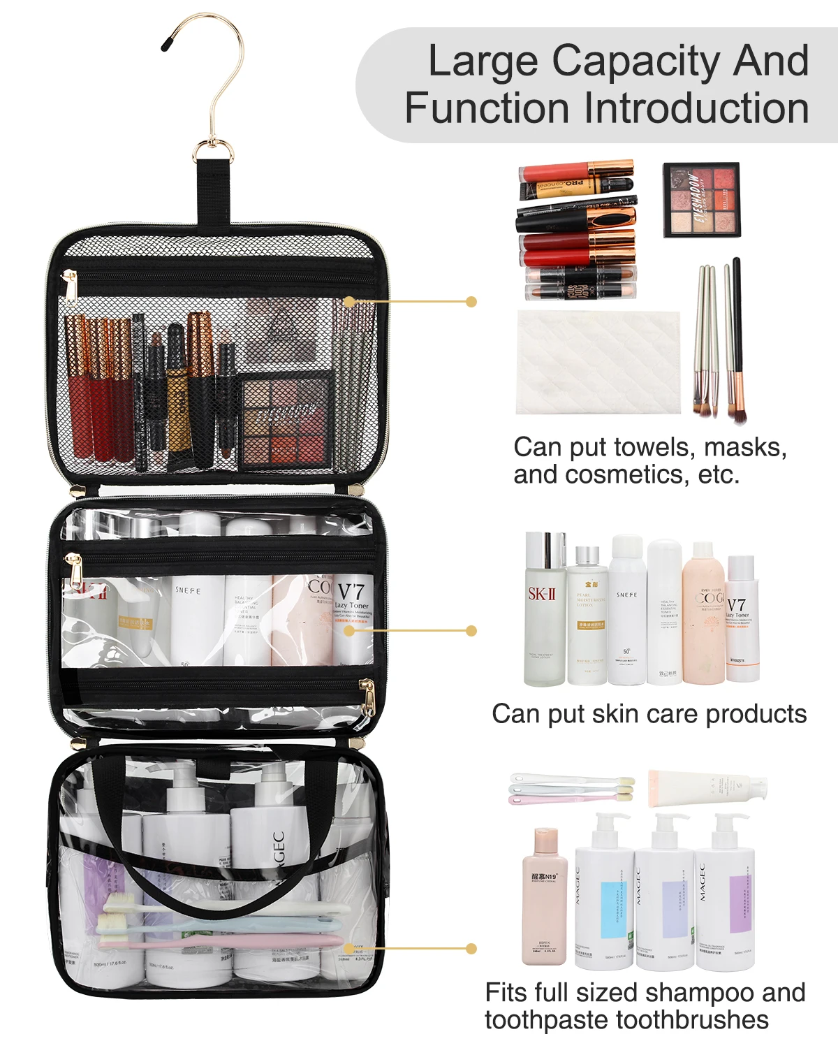 Relavel Travel Large Toiletry Bag Vanity Cases Hanging Hook Cosmetic