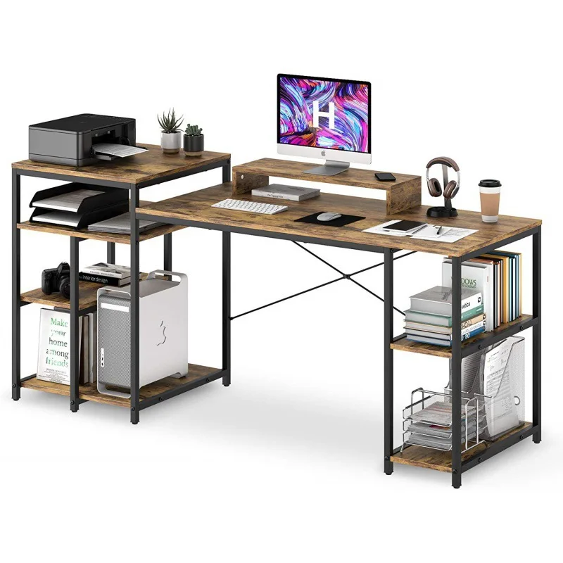Modern Computer Desk Bookcase Combination Simple Iron Wood Office