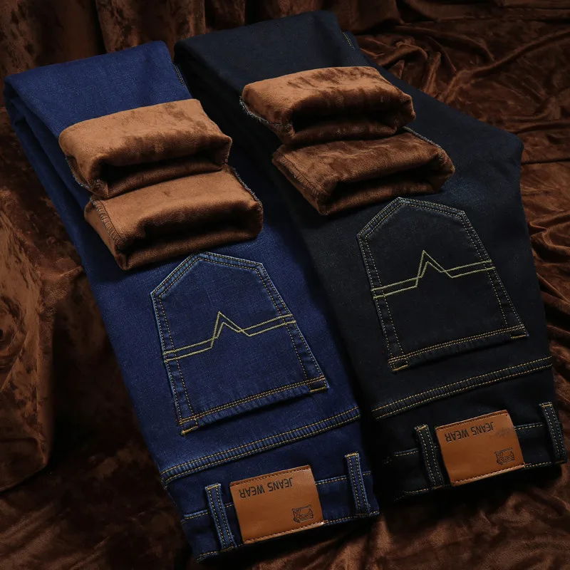 Dropshipping Special Price Men's Fleece-Lined Thickened Straight-Leg Denim Jeans Casual Bleach Wash Mid Waist Fashionable