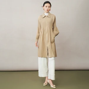 2025 Spring/Autumn New Style Miyake Pleated Trench Coat with Lapel Zipper Loose Fit Mid-Length Casual Jacket for Women