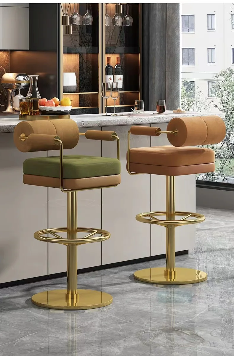 Nordic Modern Metal Velvet bar Stool Coffee Shop Bar Front Desk Chair Stainless Steel Velvet Counter Stool High Foot Bar Chair