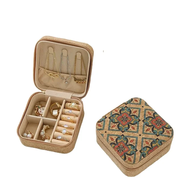 Advanced Cork Jewelry Box Portable Travel Jewelry Box Linen Style Patterned Jewelry Box Support Wholesale