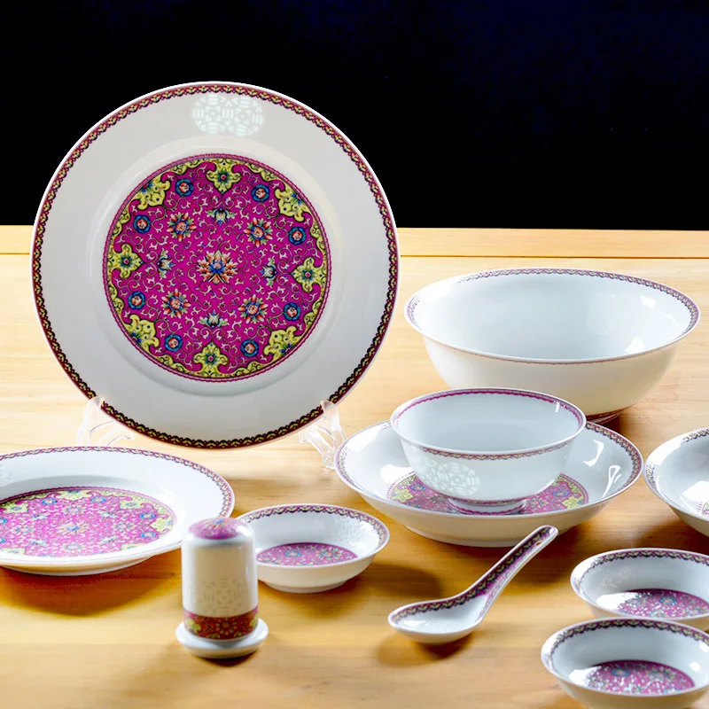 High-grade pink white porcelain dishware set household enamel color exquisite ceramic plate tableware wedding gift