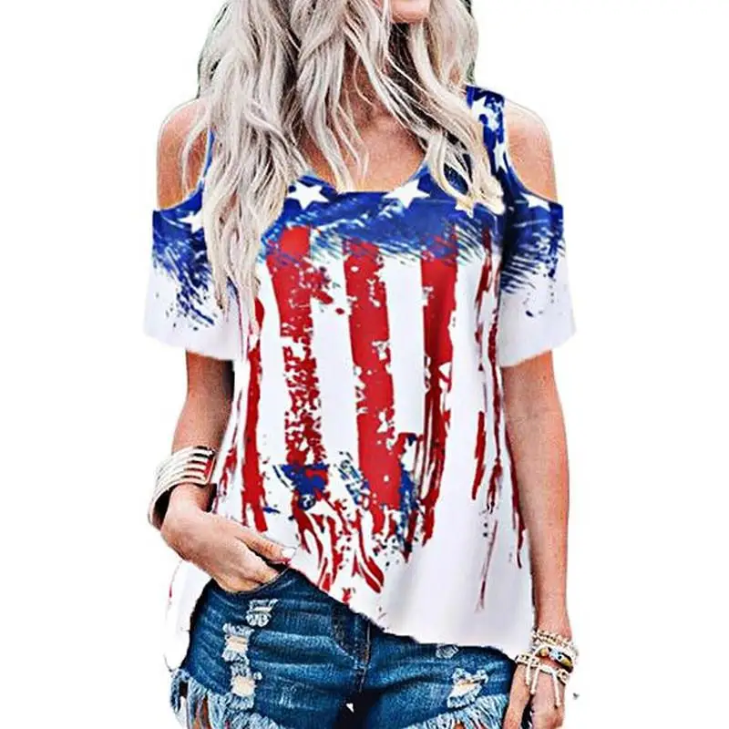 Women's Off Shoulder Loose Us Independence Day Printed T-shirt Top 4th ...