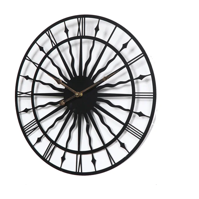 Large Round Black Metal  Retro Modern Roman Numeral Style Skeleton Wall Clock 