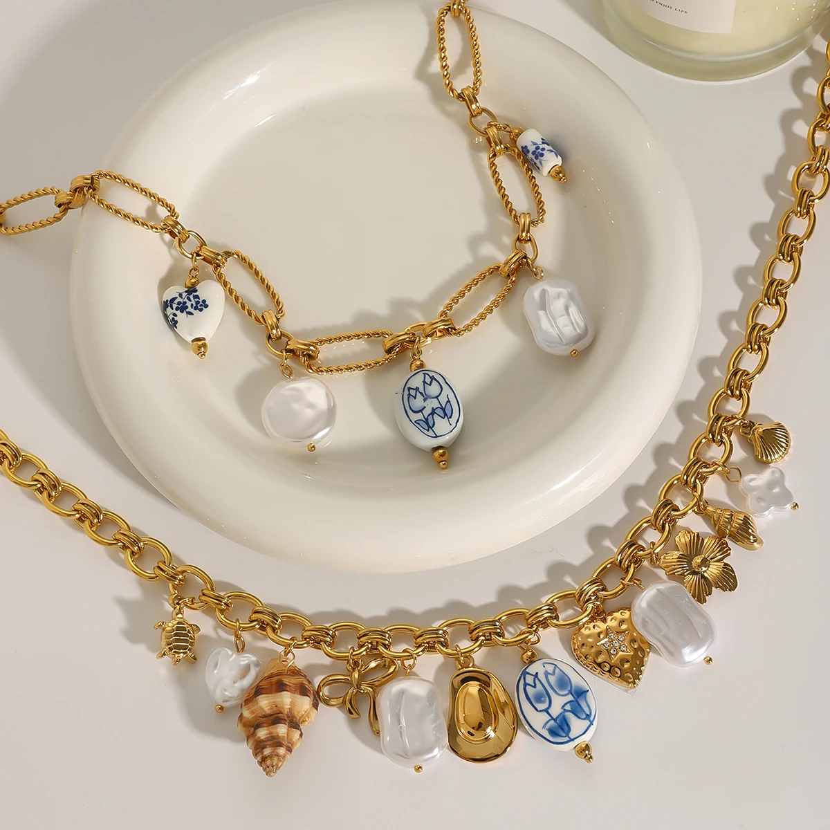 J&D Summer Ocean Style 18K Gold Stainless Steel DIY Shell Ceramic Coral Starfish Pearl Charms Necklaces