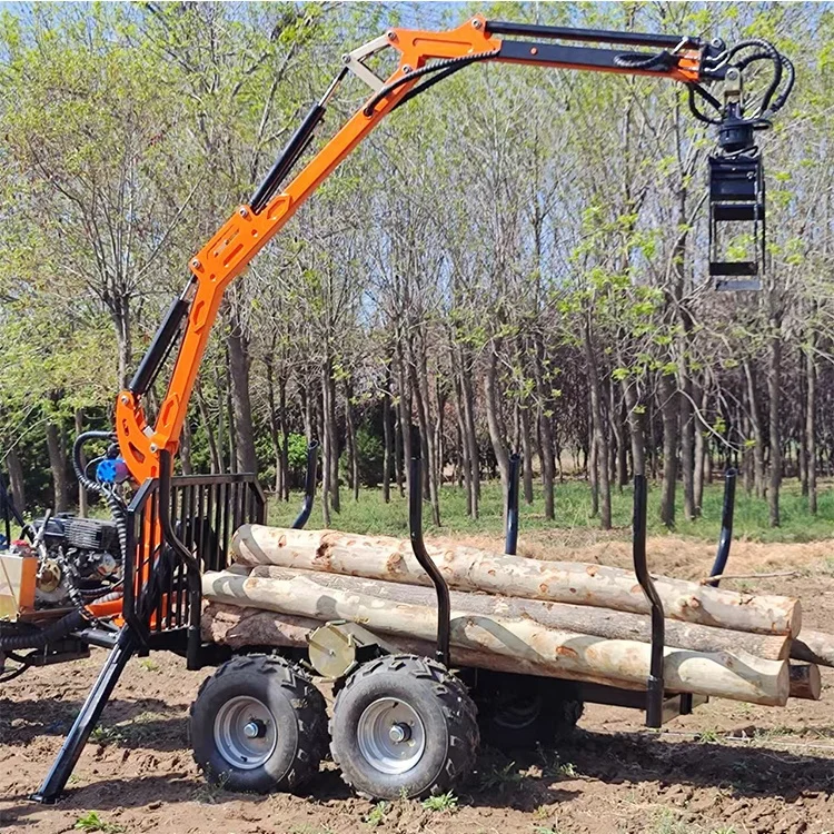 Towable Small Self Loading ATV Timber Log Trailer With Hydraulic Small Crane and Log Grab Grapple