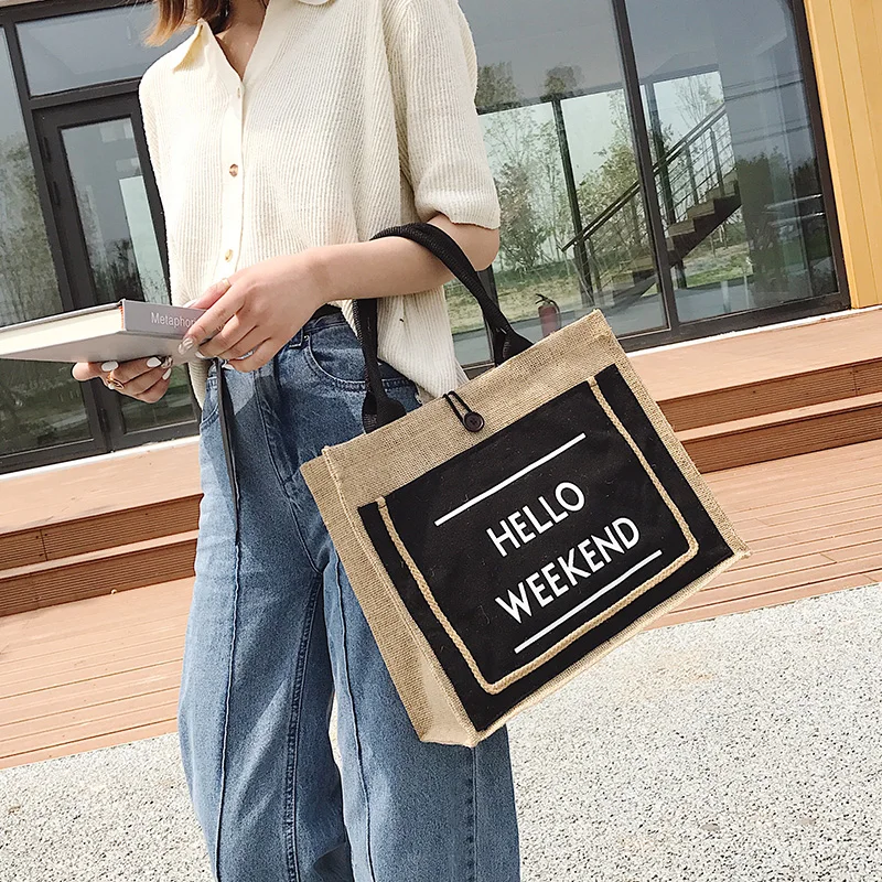 Customized Front Pocket Canvas Natural Jute Tote Bags with Handles Laminated Interior Burlap Tote