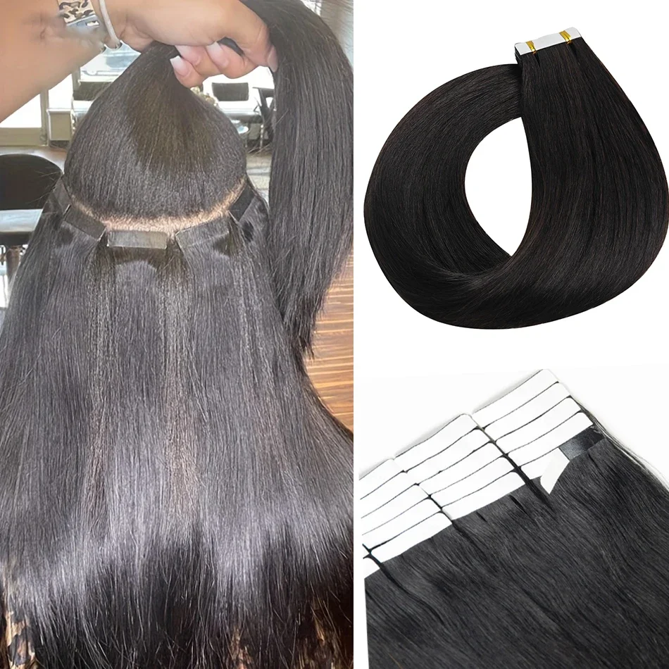 100% Remy Echthaar Tape In Extensions Naturschwarz Glatt_voghion.com
