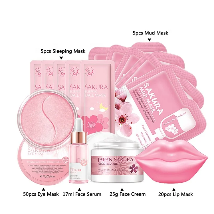 OEM Face Cream Cosmetic Improve Wrinkle Organic Facial Whitening Anti-Aging Nourishing Brightening Sakura Skin Care Gift Set