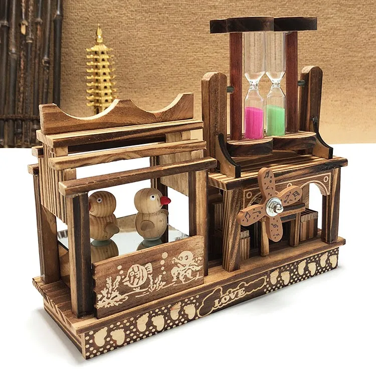 創造的な木製手作りオルゴール時計仕掛け砂時計オルゴール風車家の装飾