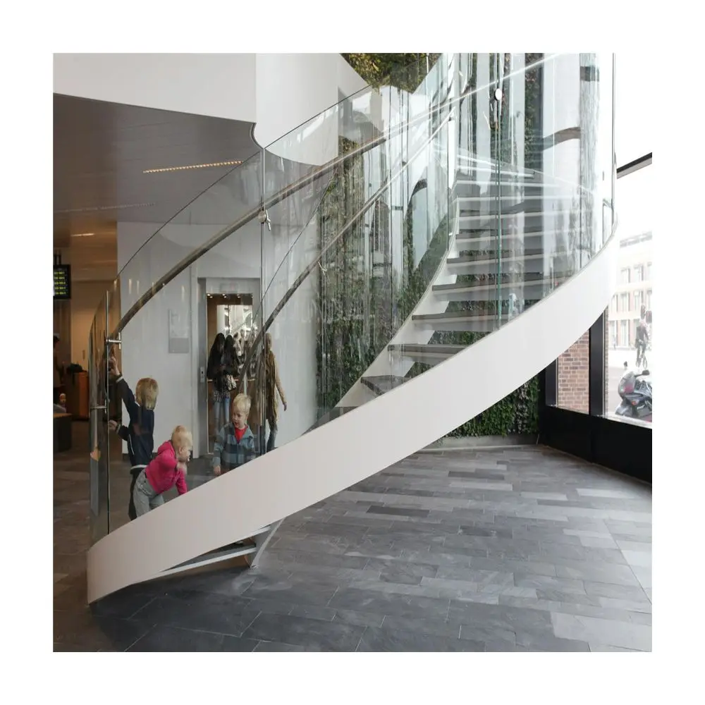 Powder Coating White Stringer Wrought Iron Railing Wood Tread Riser Simple Design Curved Staircase