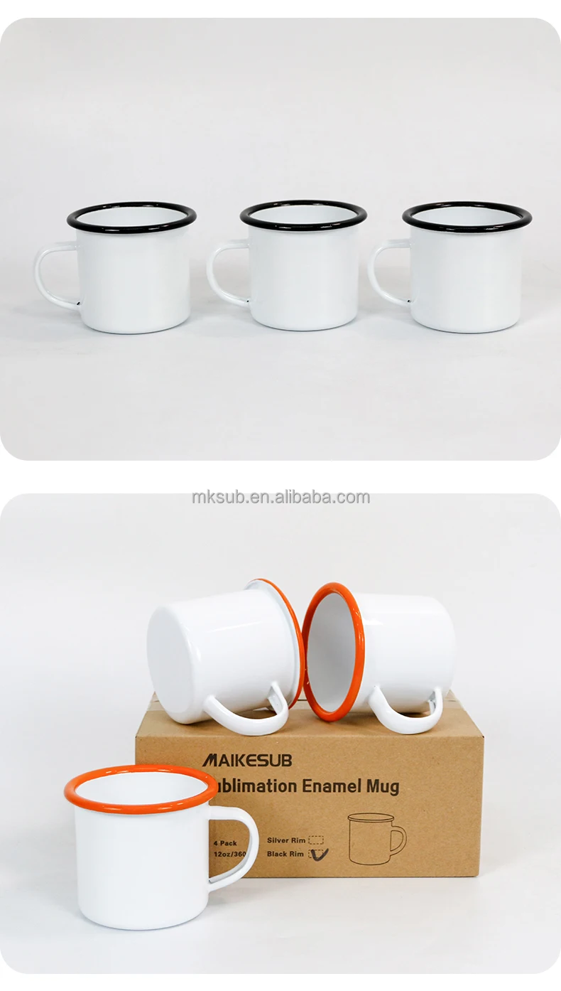 Set of 4 Pack Sublimation Blanks Enamel Mug 12 OZ Silver Rim Camping Coffee  Mug