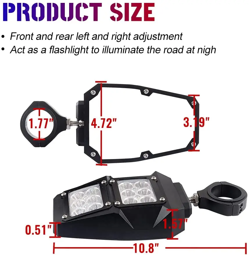 Adjustable UTV ATV Offroad Rearview Side Mirrors with Lights Universal Center UTV Mirror Fit 1.75 to 2 Inch Roll Bar Cage