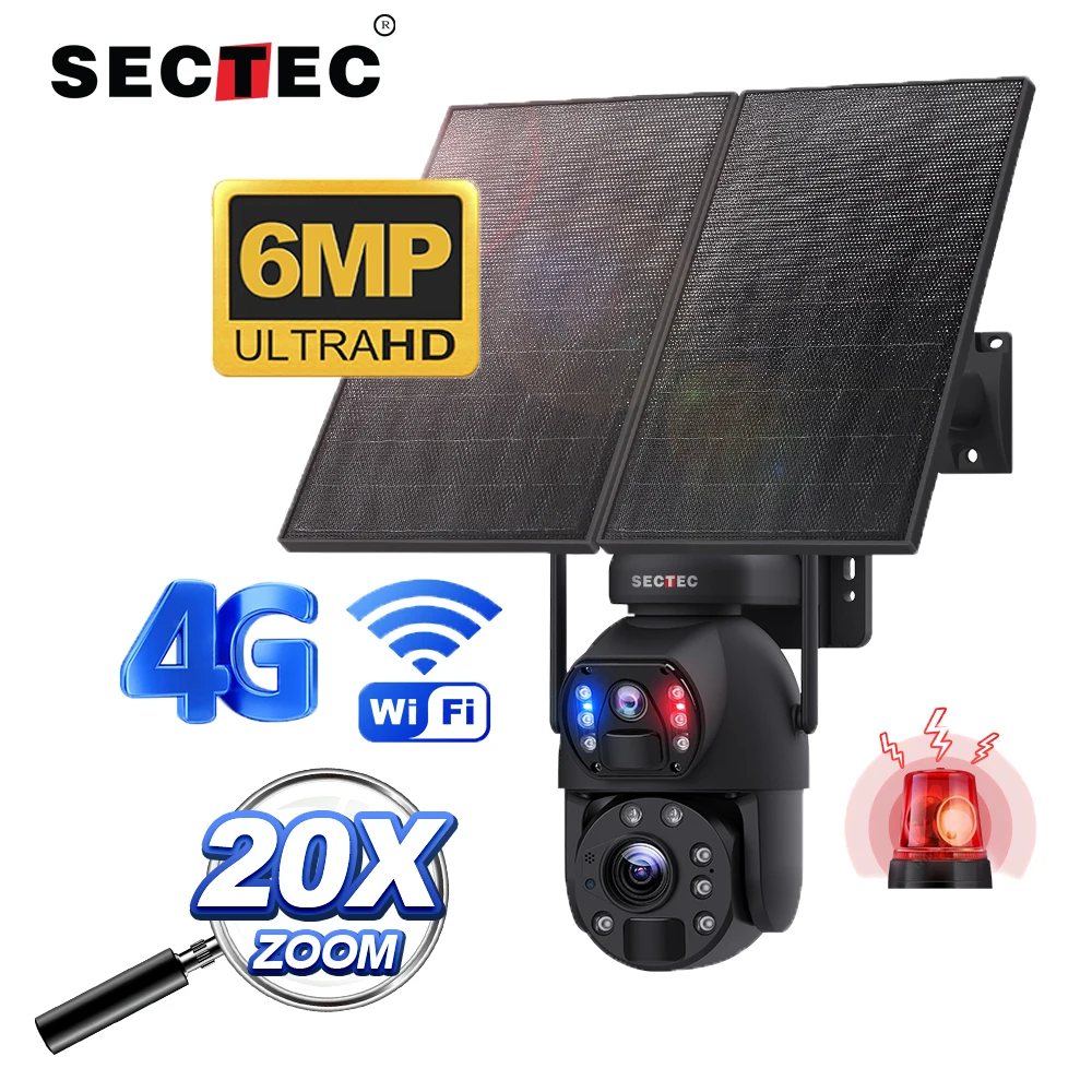 20W Hotsale Wifi Zoom Dual Lens HD 6MP 4G Solar Camera 3K Outdoor Camera Sim Card Home Security CCTV Network Solar IP Camera
