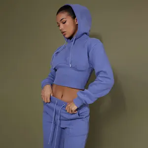 Huili Manufacturer Custom Logo Crop Tracksuits Blank Pullover Hooded Top Acid Wash Activewear Women Sweatpants and Hoodie Set