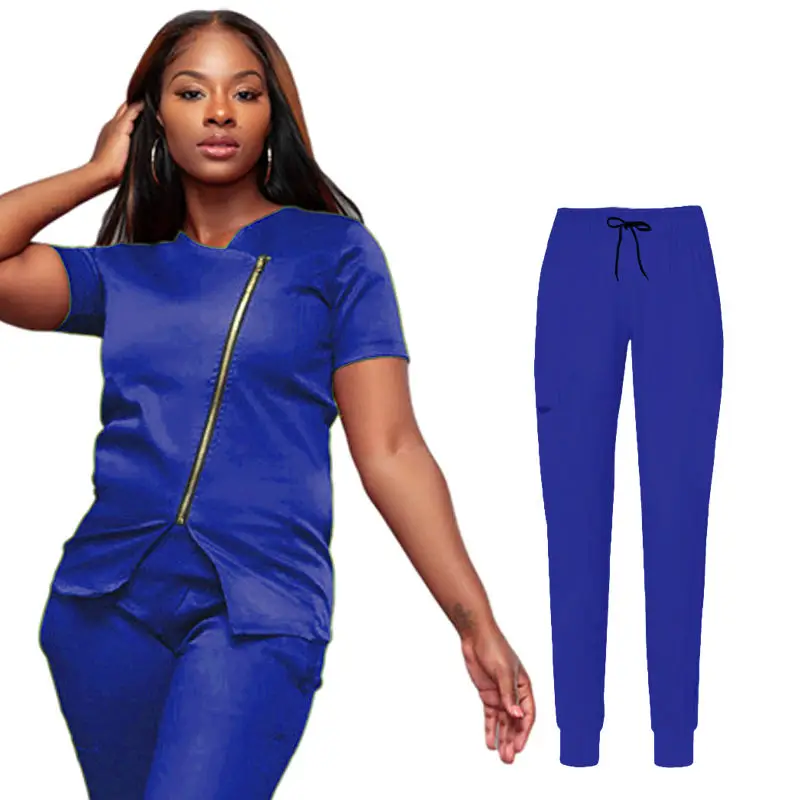 Fashionable Design Medical Uniform Shortsleeve Female Scrubs Set Zipper