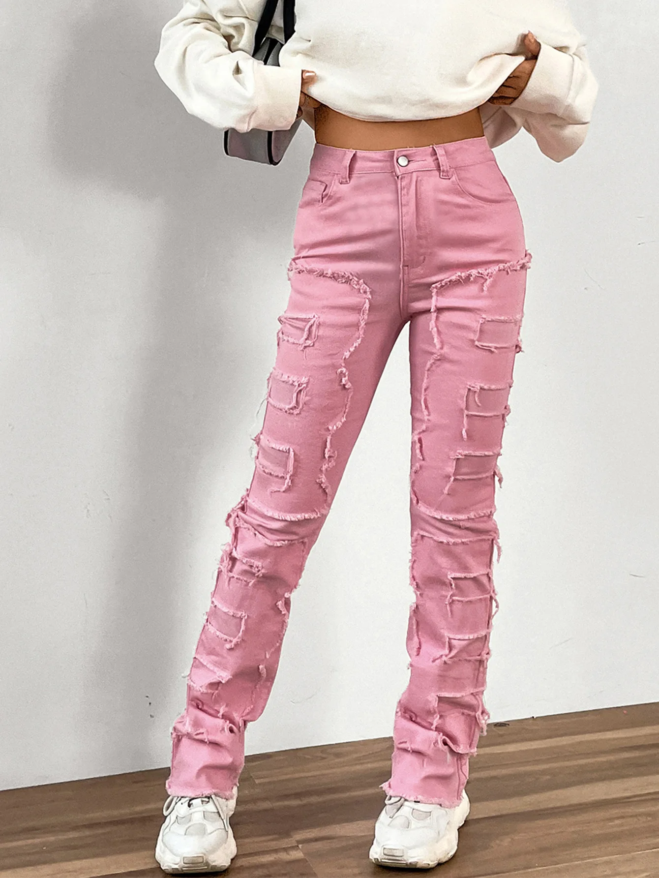 High Street Ripped Patchwork Hip Hop Distressed Denim Old Wash Flared Slim  Straight Leg Stacked Jeans Pants for Women