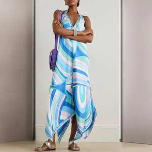 Women's Casual Long Maxi Dress Breathable Summer Color Block Print Halter Backless Design with Irregular Hem Fits All Party