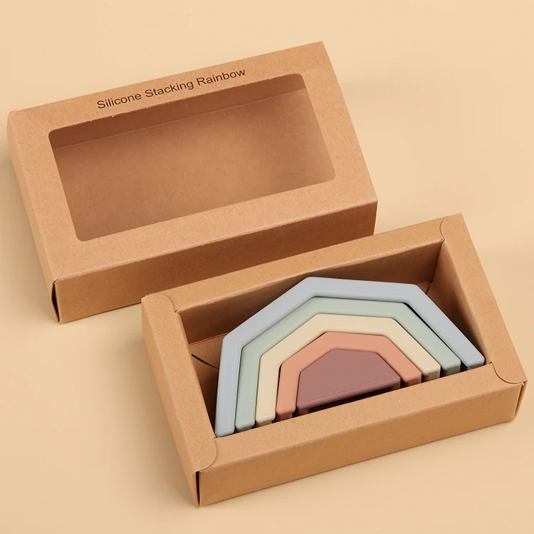 Dongli New Bpa-Free Organic Soft Silicone Stacking Rainbow Baby Toys with gift box for Children