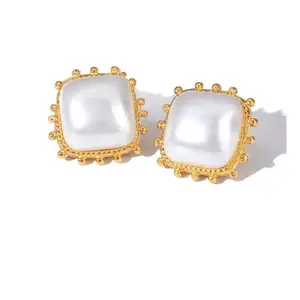 New Designer 18K Gold Plated Boho Stud Earrings Square Shape Pearl Stainless Steel Jewelry Trendy Style