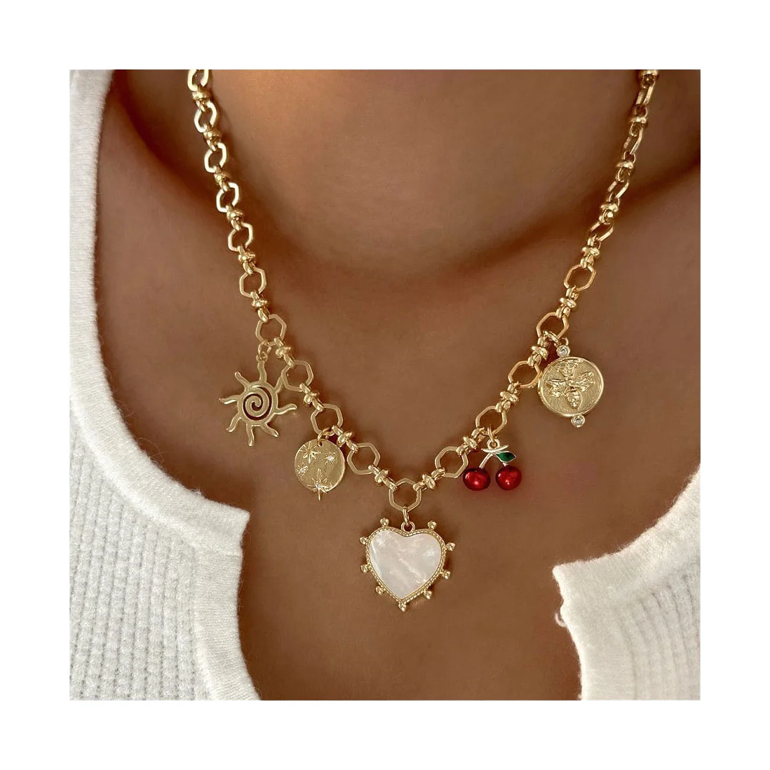 2026 New Style Heart Shell Bee and Sounny and Cherry Pendant Retro Country Series Link Chain Fashion Necklace Jewelry for Women