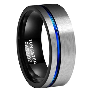 Coolstyle Jewelry 8mm Black Blue Tungsten Ring Wedding for Men Women Engagement Band Offset Line Pipe Cut Brushed Comfort Fit
