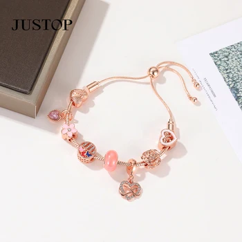 2022 Adjustable Rose Gold Plated Snake Chain Pink Heart Flower Charm Bracelet Crystal Infinity Heart Charm Bracelet