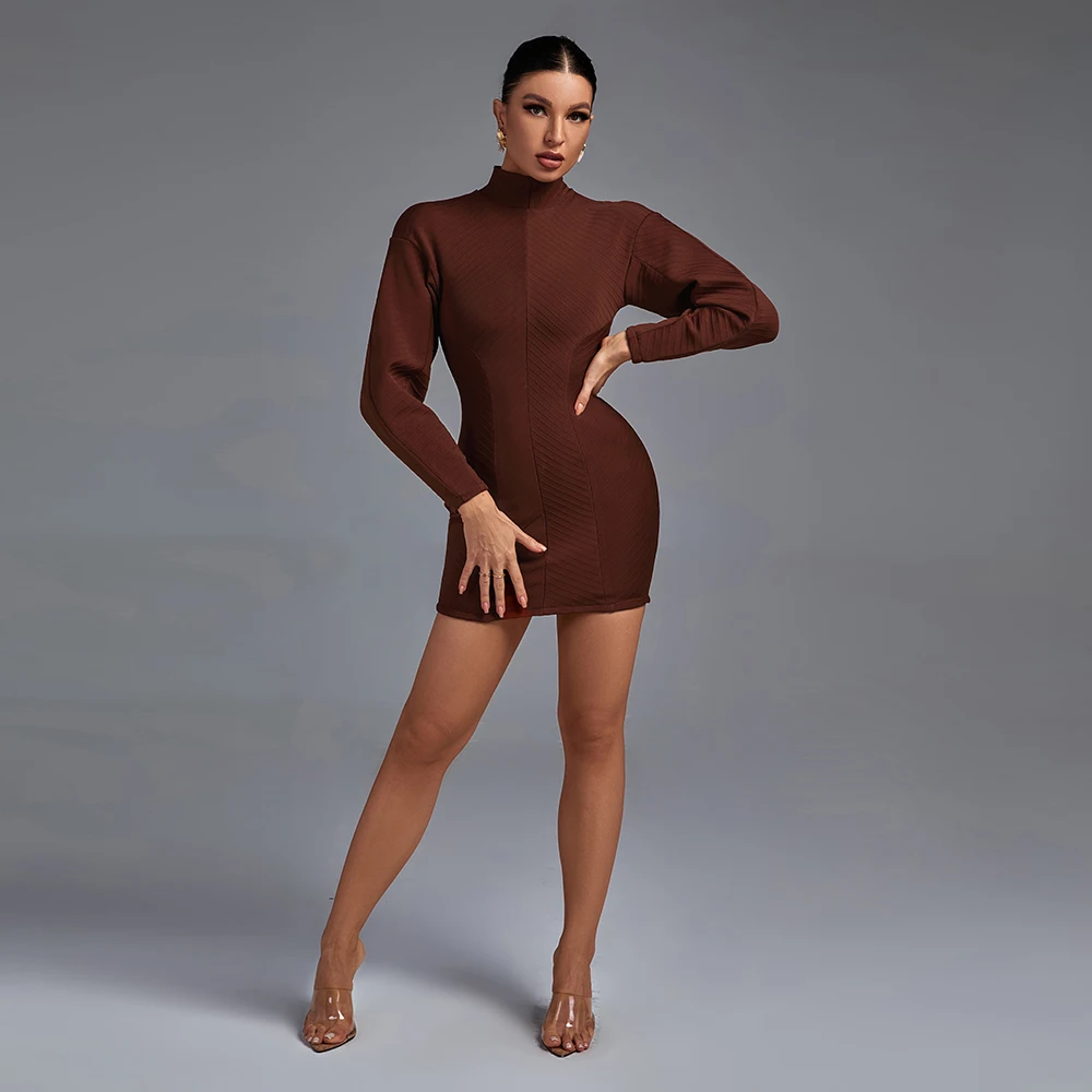 Turtleneck Solid Color 2022 Christmas New Year Long Sleeve Bandage Dress  Bodycon Women Striped Outfits Sexy Party Casual Dress