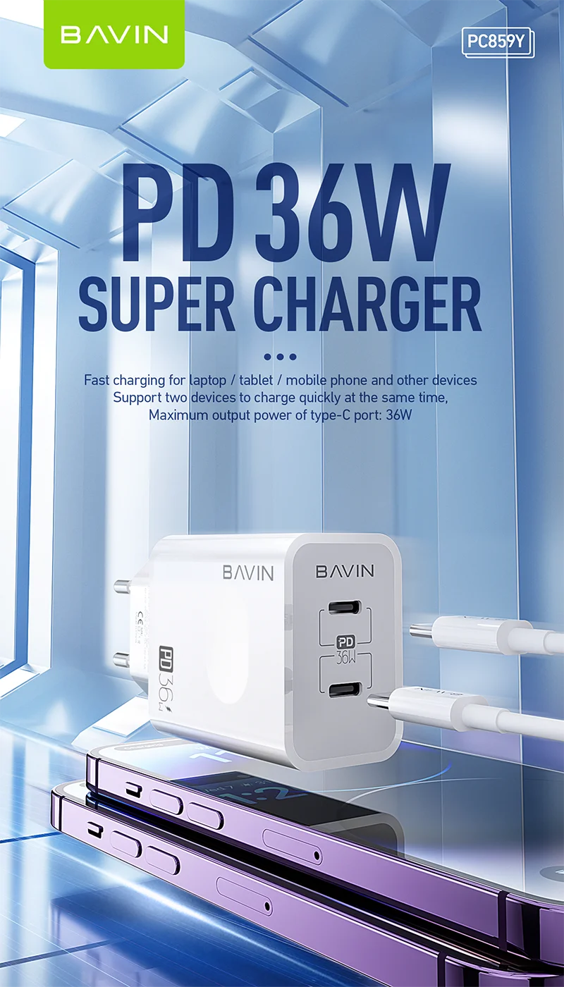 Bavin Pd 36w Dual Port Super Charging Eu Plug Portable Adapter Usb-c Laptop Mobile Cell Phone ...