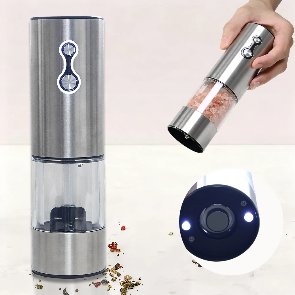 Joc de molinets automàtics per sal i pebre amb alimentació i càrrega USB, regulables en grau de mòltura i amb llum LED