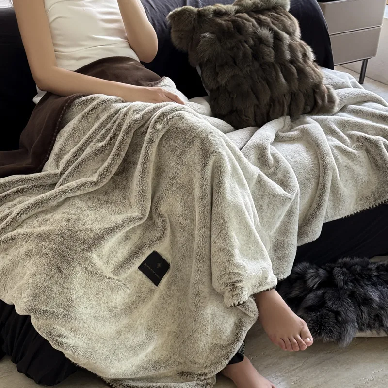 Lekki Luksusowy Gruby Dwustronny Koc z Fikuśnego Futra, Dzianinowy Koc na Drzemkę w Biurze i na Kanapę z Motywem Postaci, na Zimę i Klimatyzację