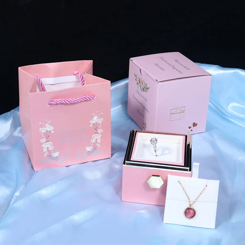 Customized Eternal Rose Acrylic Jewelry Rotating Flower Gift Box Wedding Ring Box Necklace Storage Box