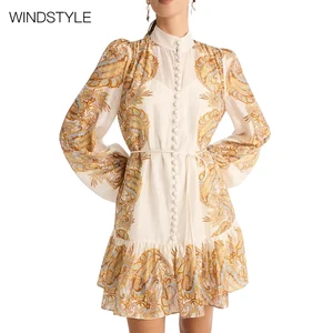 Custom-Print Staggered Sleeve Midi Dress Single-Breasted Lace-Up Waist Floral Breathable for Daily Use Spring Summer Autumn