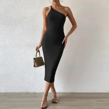 2024 New European American Women's Sexy Sleeveless Slanted Shoulder Wrap Chest hips Long Dress Dress