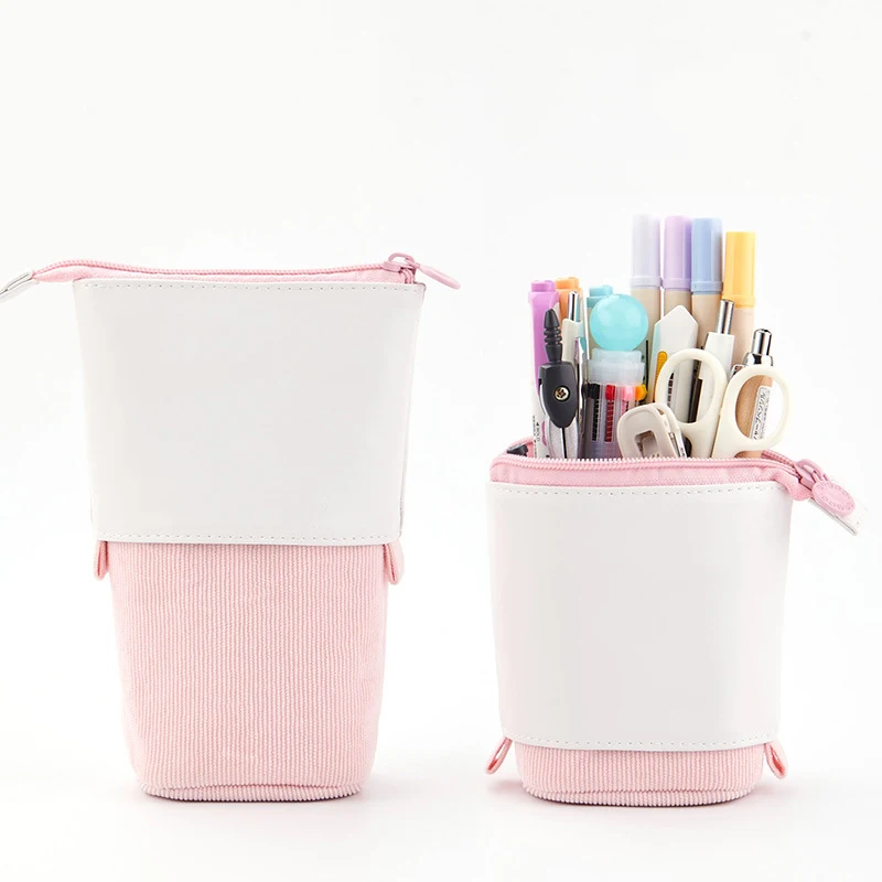 Hot Sale School Creative Drop-down Stackable Round Canvas Telescopic Pencil Bag