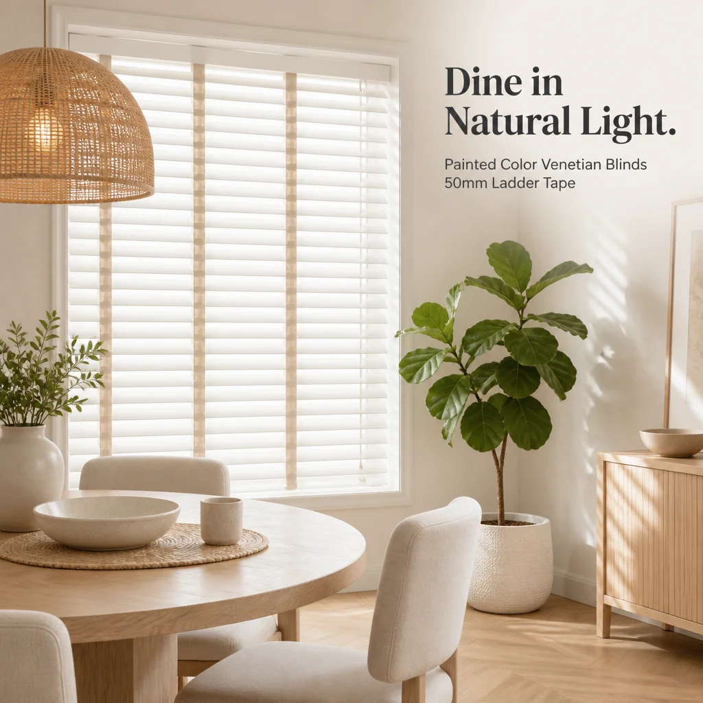 Painted Color Horizontal Simple Venetian Blinds 50mm Solid Wood Ladder Tape Herringbone Weave Pull Cord Dining Room Custom Size