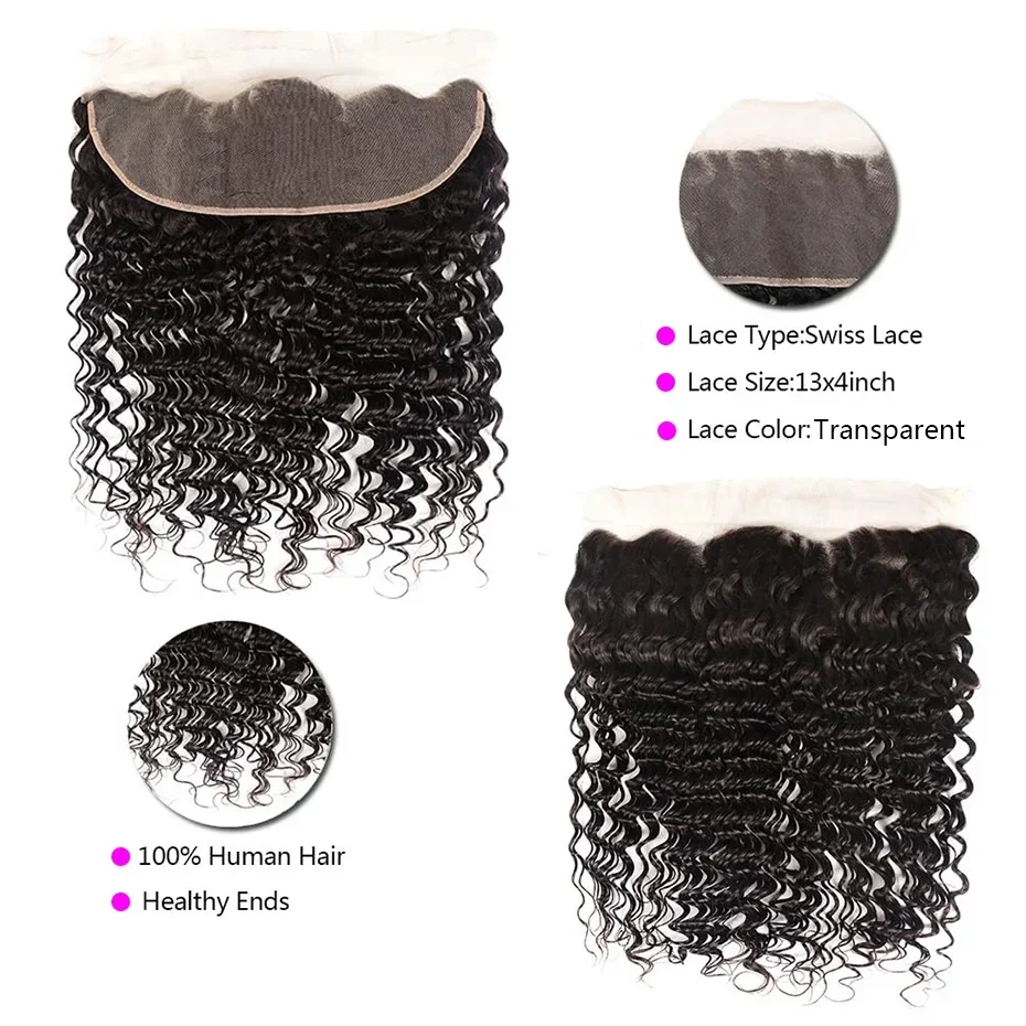 Cabello humano Remy de 13 x 4 con ondas profundas y cierre de encaje suizo, nudos blanqueados, cabello de bebé prearrancado n.° 1B_voghion.com