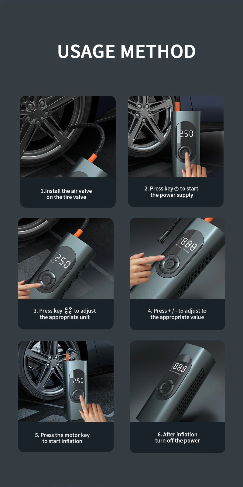 Portable Wireless Digital Air Pump For Cars And Bikes - Rechargeable Inflator With Pressure Gauge, Multi-Mode Settings, And LED Light - Compact Design With Built-in Lithium Battery For Convenient Use - View #3