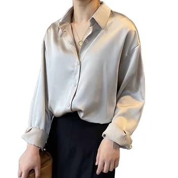 All-match Solid Button Silk Stain Loose Tops Fashion Turn Down Collar 2021 Clothing Long Sleeve Women Casual White Blouse Shirt