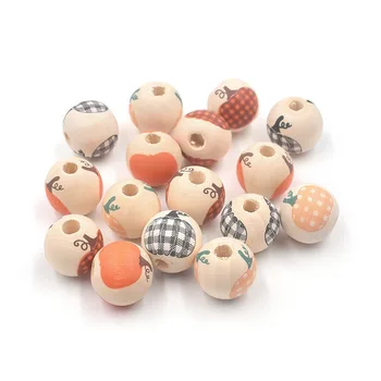 XuQian 16mm Natural Wooden Loose Beads Round Ball Pumpkin Spacer Beads for Halloween Party Crafts
