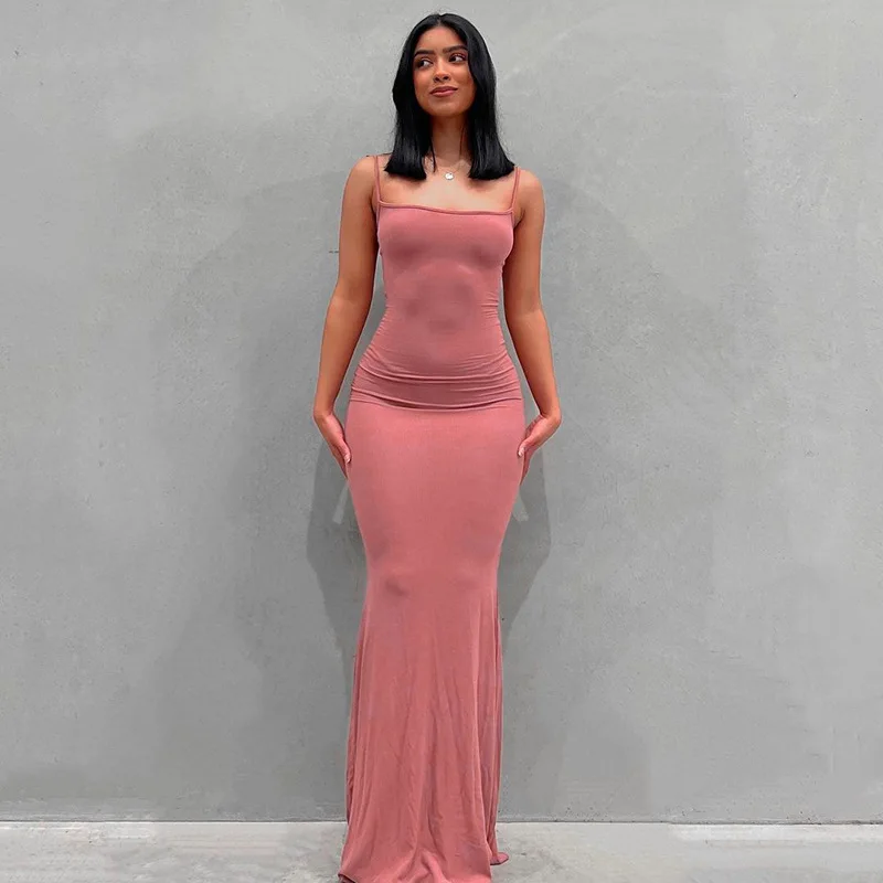 2022  Kardashian Same Style Slim Bodycon Dresses Knitted Blank Solid Buttock Sling Lounge Long Elegant Women Casual Dress